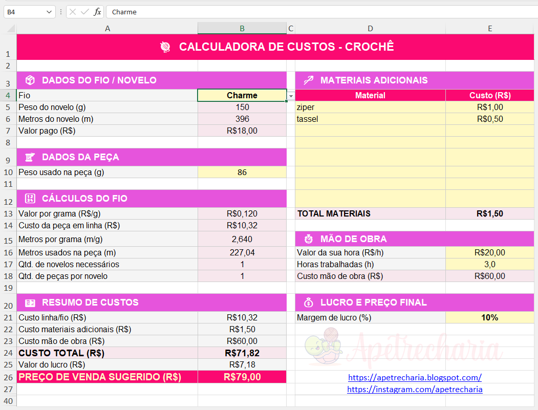 Planilha Excel — Calculadora de Custos de Crochê com campos de fio, peça, mão de obra e preço de venda sugerido