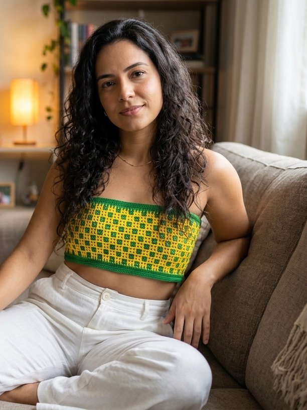 Aluna vestindo o Top de Crochê Brasil Dupla Face — lado amarelo — em sala de estar