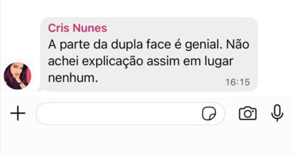 Print de WhatsApp da aluna Cris Nunes: 'A parte da dupla face é genial. Não achei explicação assim em lugar nenhum.'